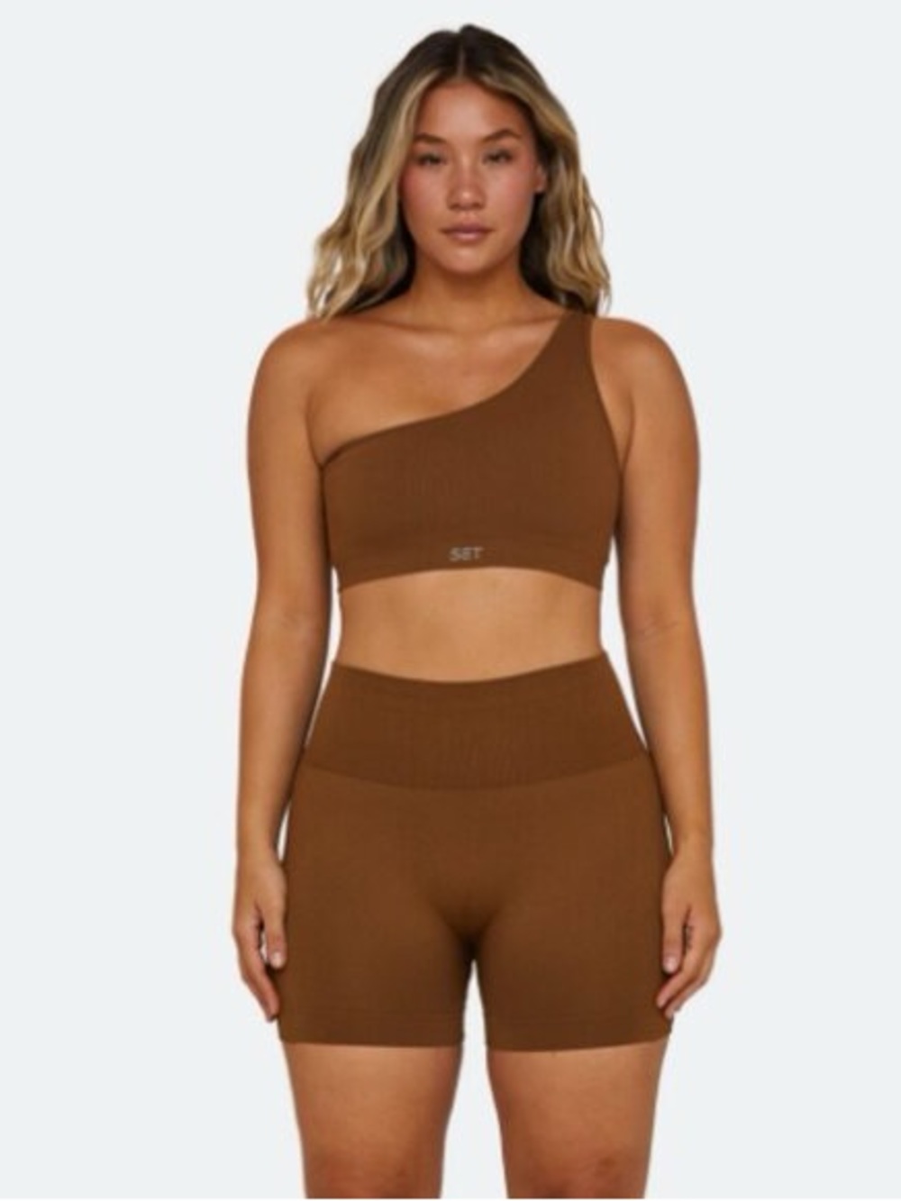 SET ACTIVE SCULPTFLEX RIBBED ONE SHOULDER BRA AND BIKE SHORTS SET SMALL BROWN